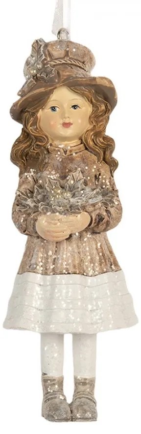 Béžová vianočná závesná dekorácia dievčatko v klobúku - 5*4*12 cm