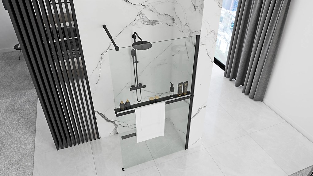 Kovová polica a vešiak na uteráky MAXMAX Rea EVO - na 8mm zásteny - čierna matná