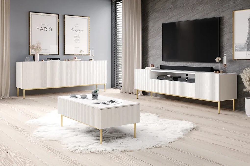 TV skrinka so zásuvkami Nicole 200 cm - biely mat / zlaté nožičky