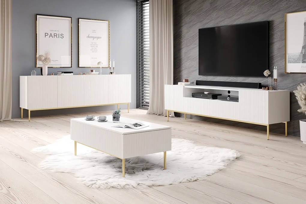TV stolík Nicole 200 cm s otvorenou policou a zásuvkami - biely mat / zlaté nohy