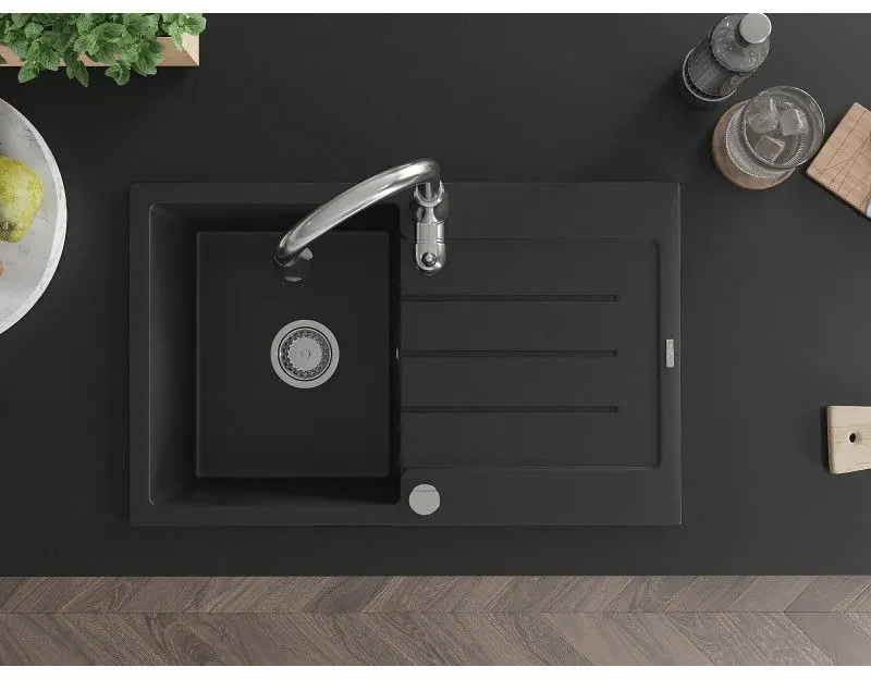 Mexen Bruno, 1-komorový granitový drez 795x495x200 mm a drezová batéria Savita, čierna, 6513-77-672601-00