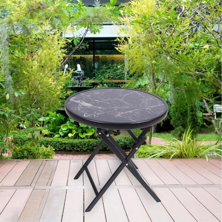 Záhradný bistro stolík, skladací, Ø 45 cm, čierny mramor