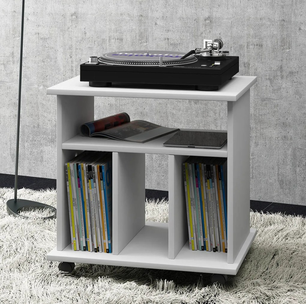 Mobilný gramofón + stolík na LP platne, biely