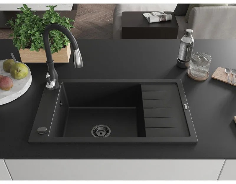 Mexen Elias, 1-komorový granitový drez 795x480x200 mm a drezová batéria Savita, čierna, 6511-77-672601-70-B