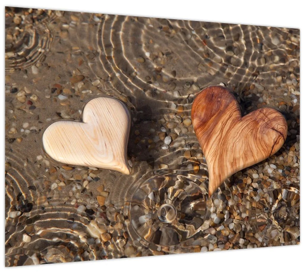 Sklenený obraz - Drevené srdiečka (70x50 cm)