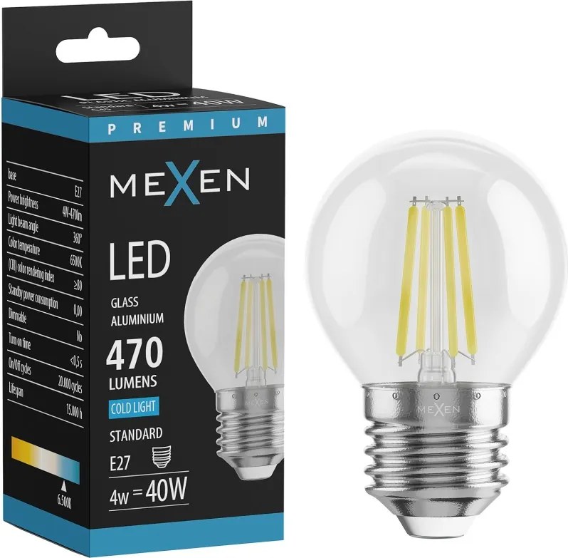 Mexen Vintis, LED filamentová žiarovka E27, G45, 4 W, studená biela 6500K, číra, L156-E27-0465-00