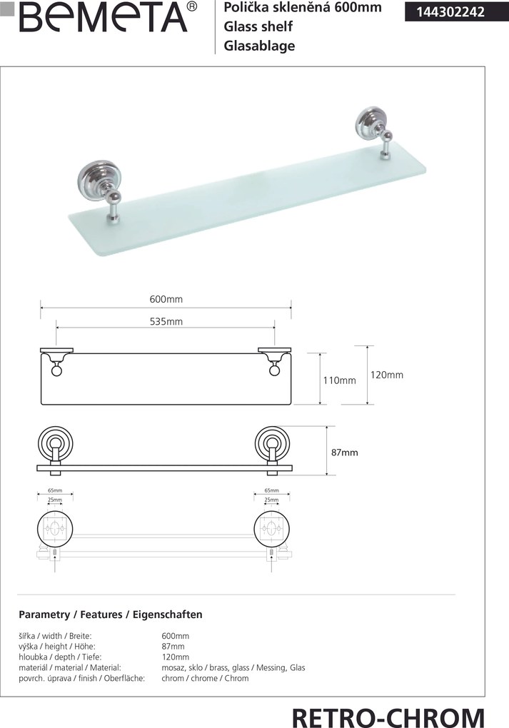 Bemeta Design RETRO chróm: Polička, 600 mm, sklo - 144302242
