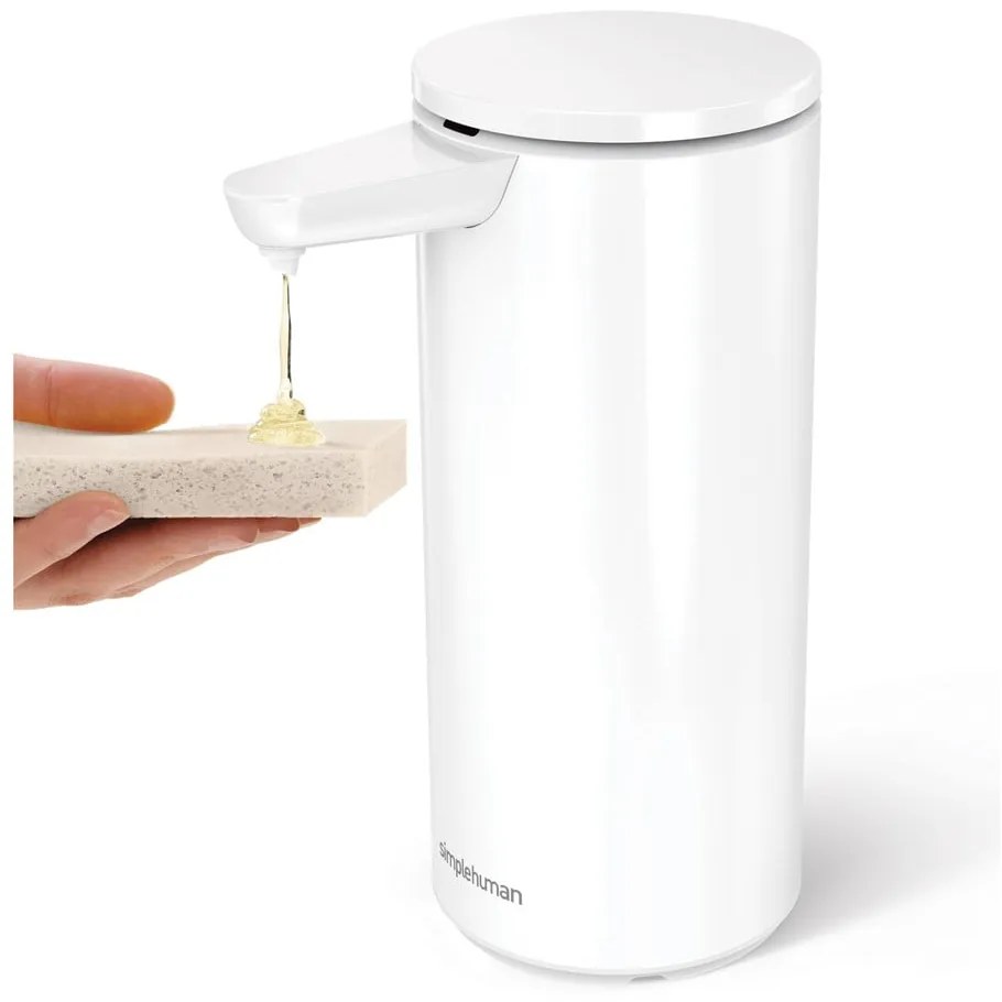 Biely bezdotykový kovový dávkovač mydla 414 ml – simplehuman