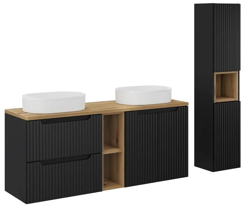 Koupelnová sestava Nova Black se skříňkami a umyvadly 140 cm černá/dub evoke
