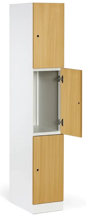 Šatníková skrinka S1 s úložnými boxmi, 3 boxy, 1850 x 300 x 500 mm, demont, kódový zámok, laminované dvere, orech