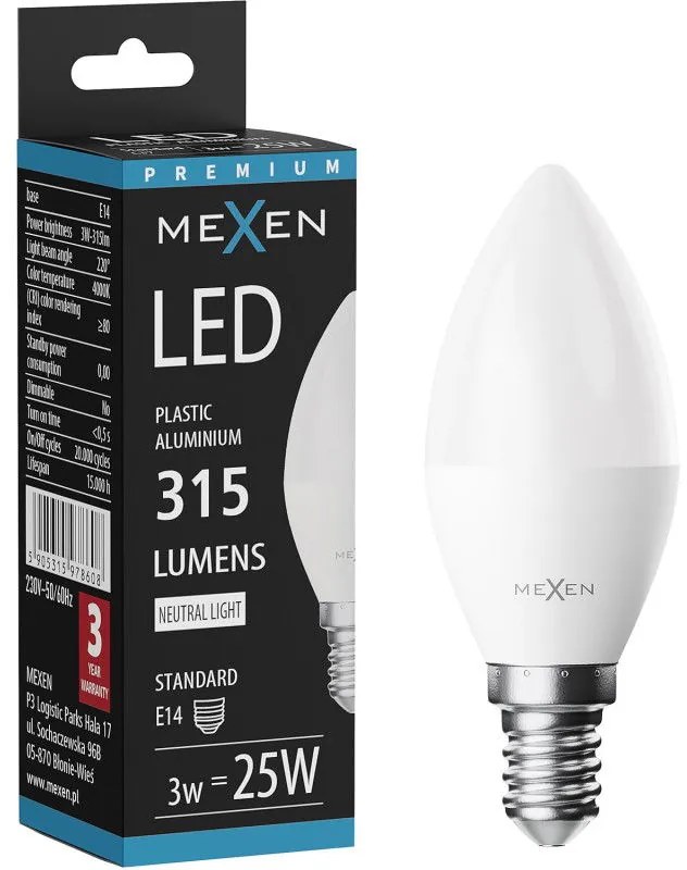 Mexen Nova, LED žiarovka E14, C37, 3W, teplá - 3000K, 315 lm - L102-E14-0330-01