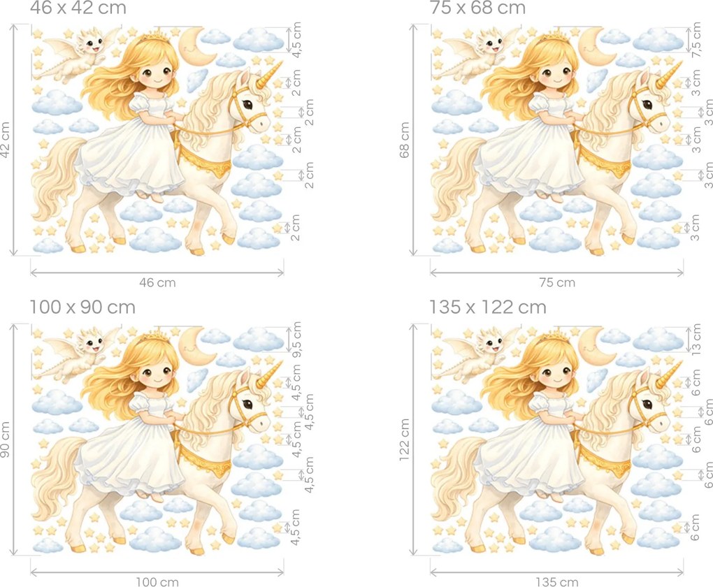 Blond princezná na jednorožcovi textilné znovu prilepiteľné nálepky na stenu hárok 46 x 42 cm