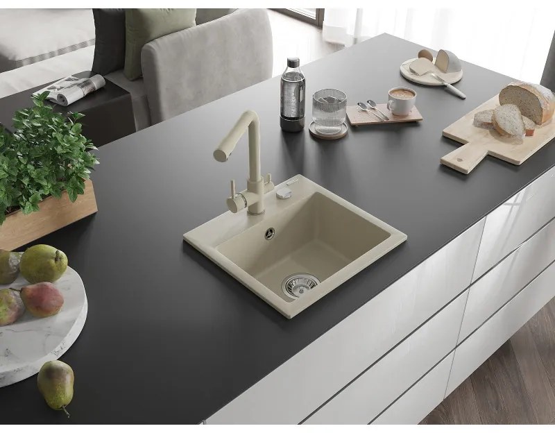 Mexen Milo, granitový drez 435x410x171 mm, 1-komorový a béžová batéria Duero, béžová, 6505-69-671600-69