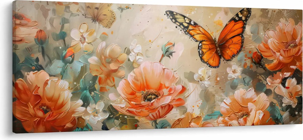 Obraz - Motýľ a kvety, olejomaľba (120x50 cm)