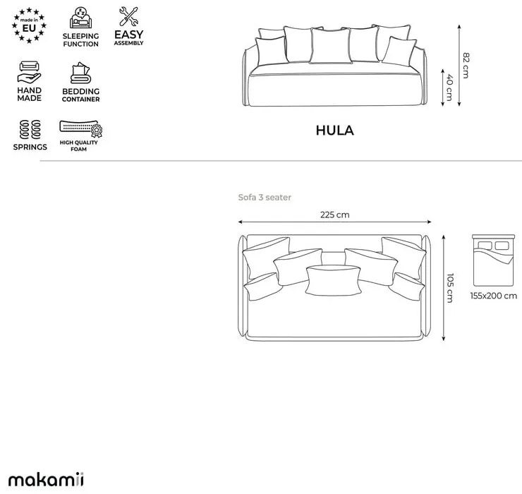 Tyrkysovomodrá zamatová rozkladacia/s úložným priestorom pohovka 225 cm Hula – Makamii