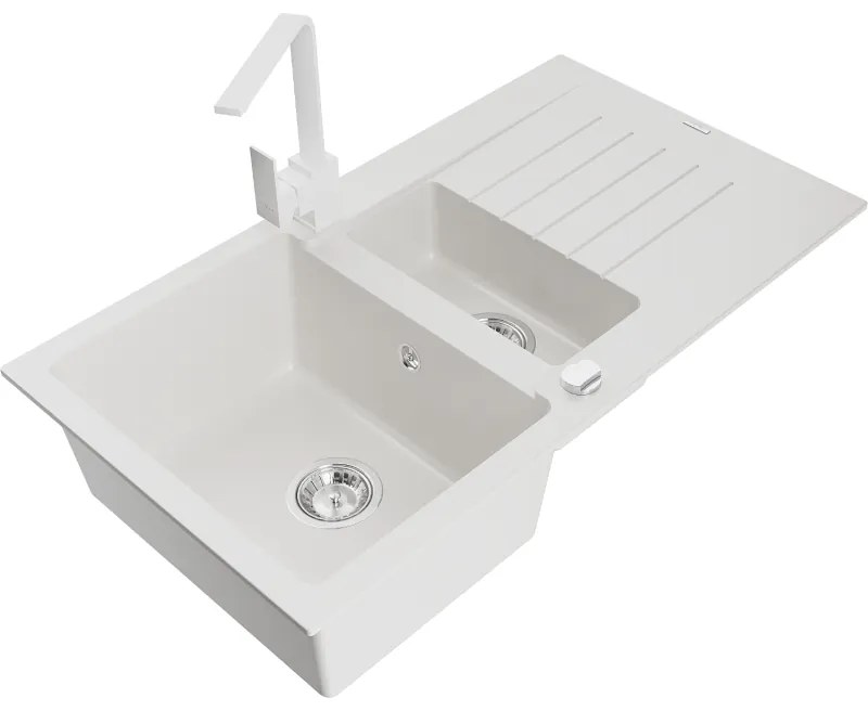 Mexen Matias, granitový drez 900x505x200 mm, 1,5-komorový a biela batéria Rita, biela, 6502-20-670300-20