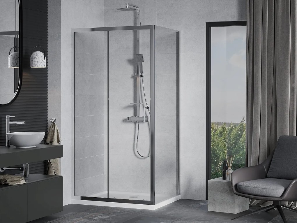 Mexen APIA, sprchový kút s posuvnými dverami 110 (dvere) x 80 (stena) cm, 5mm číre sklo, chrómový profil + slim sprchová vanička 5cm, 840-110-080-01-00-4010