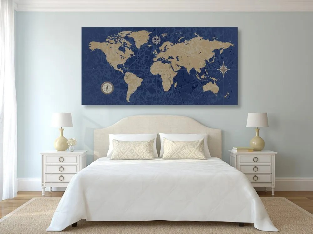 Obraz mapa sveta s kompasom v retro štýle na modrom pozadí Varianta: 120x60