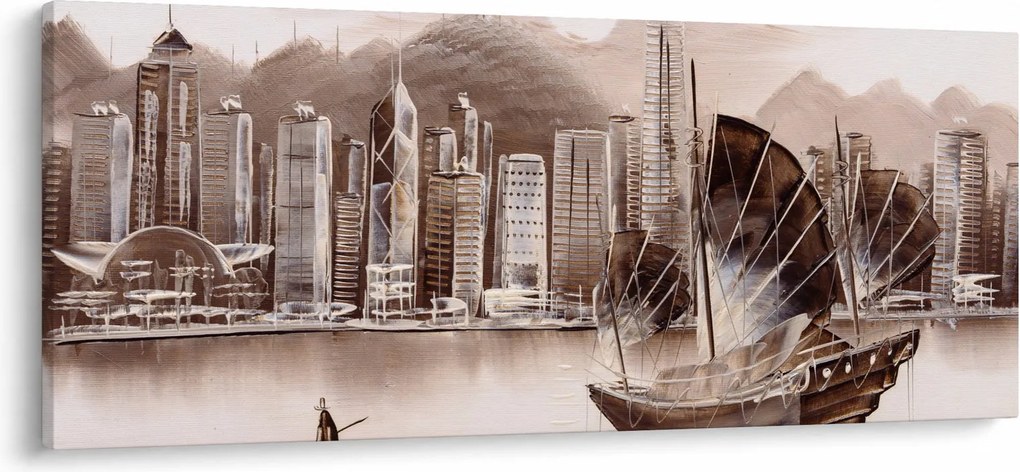 Obraz - Victoria Harbor, Hong Kong, sépiový efekt (120x50 cm)
