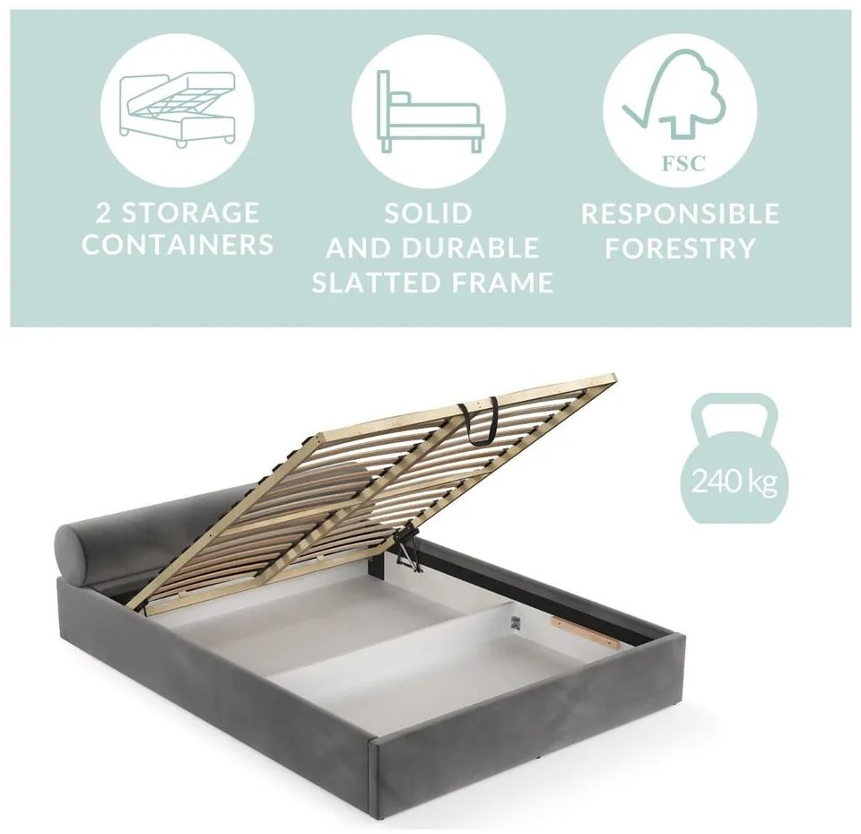 Tmavosivá čalúnená dvojlôžková posteľ s úložným priestorom s roštom 140x200 cm Solvo – Maison de Rêve