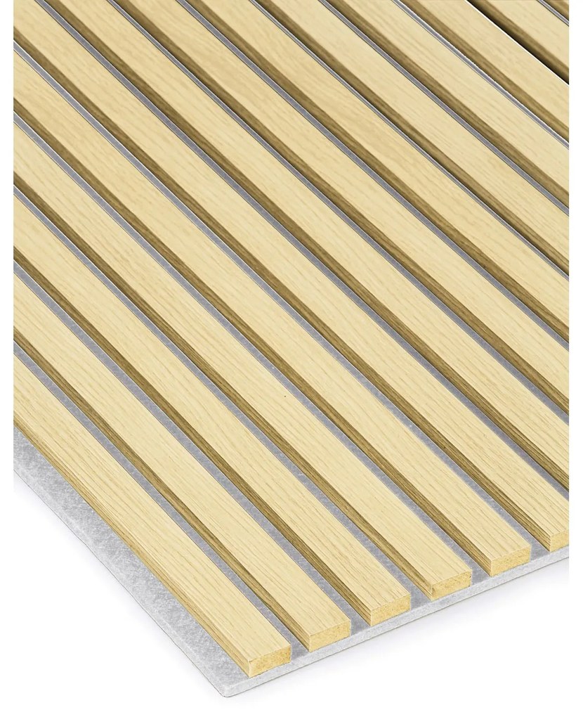 Drevený akustický panel, 2400 x 600 mm, sivý podklad, balenie 5 ks, dub