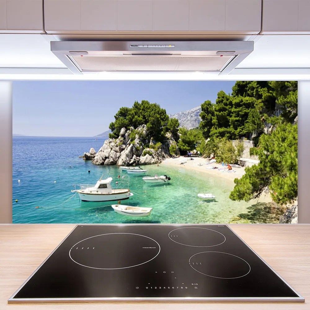 Sklenený obklad Do kuchyne More pláž skaly lode 125x50 cm