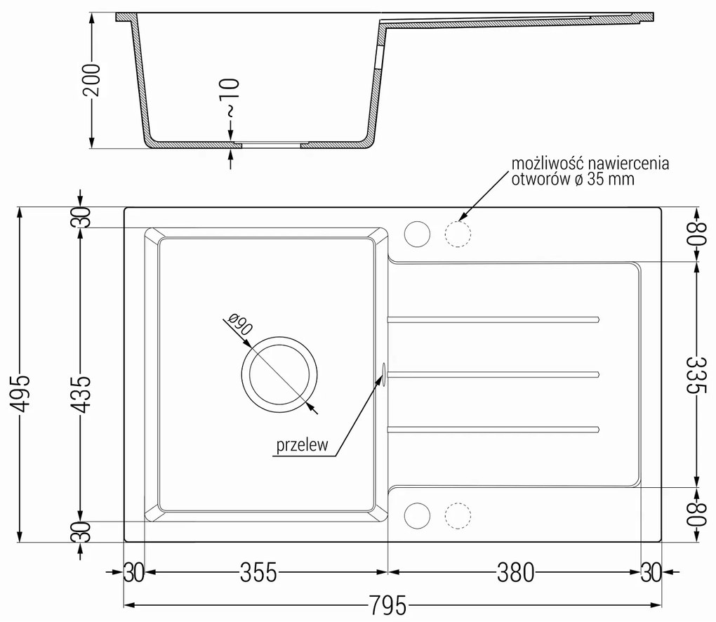 Mexen Bruno, 1-komorový granitový drez s odkvapkávačom 795x495x200 mm a čierna kuchynská batéria Telma, čierna škvrnitá, 6513-76-670200-70-B