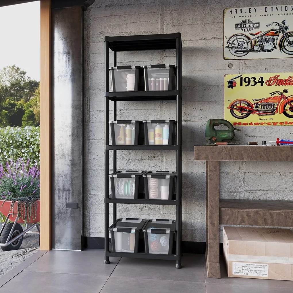 Plastový regál, 5 políc, 174x60x30 cm + 8 plastových boxov S