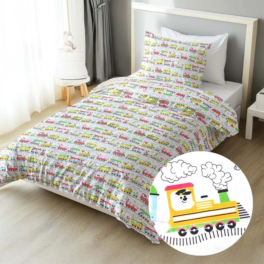 Biante Detské bavlnené posteľné obliečky Sandra SA-328 Vláčik so zvieratkami na bielom Predĺžené 140x220 a 70x90 cm