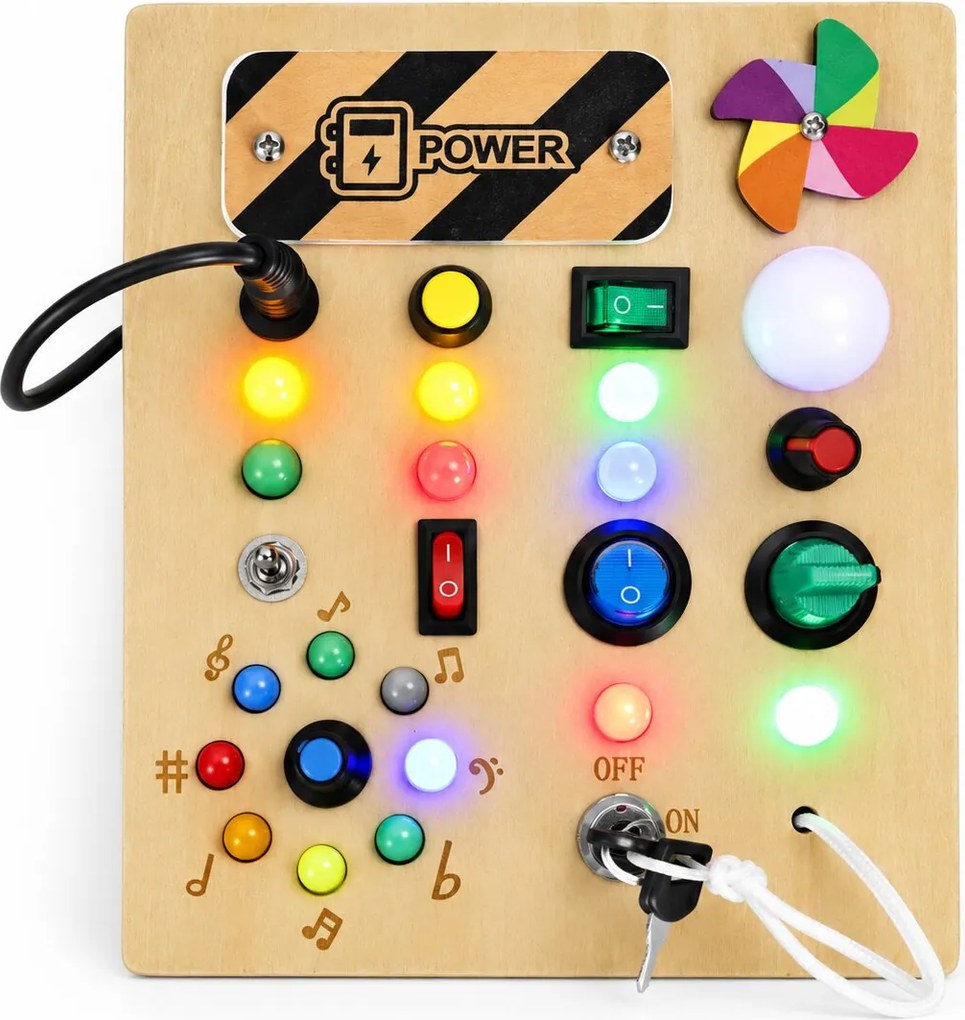 Drevená interaktívna manipulačná tabuľa ECOTOYS s LED svetlami od 3 rokov