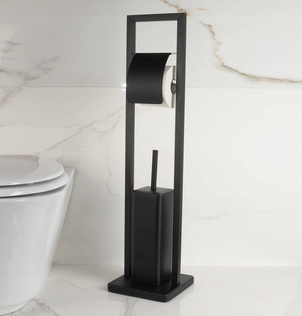 Držiak toaletného papiera s WC štetkou - čierny s chlopňou