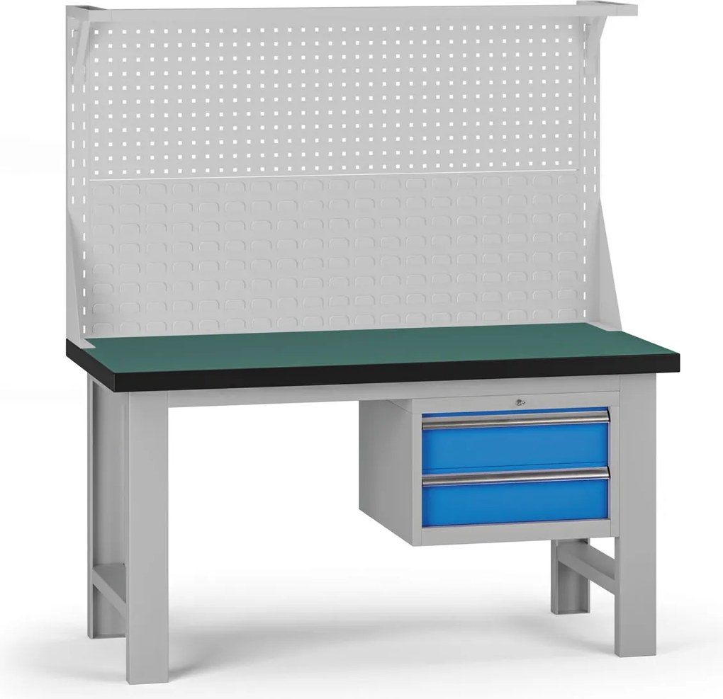 Pracovný stôl do dielne G8 s nadstavbou, 1500 x 750 x 800 mm, 1x kontejner, 2 zásuvky, modrá