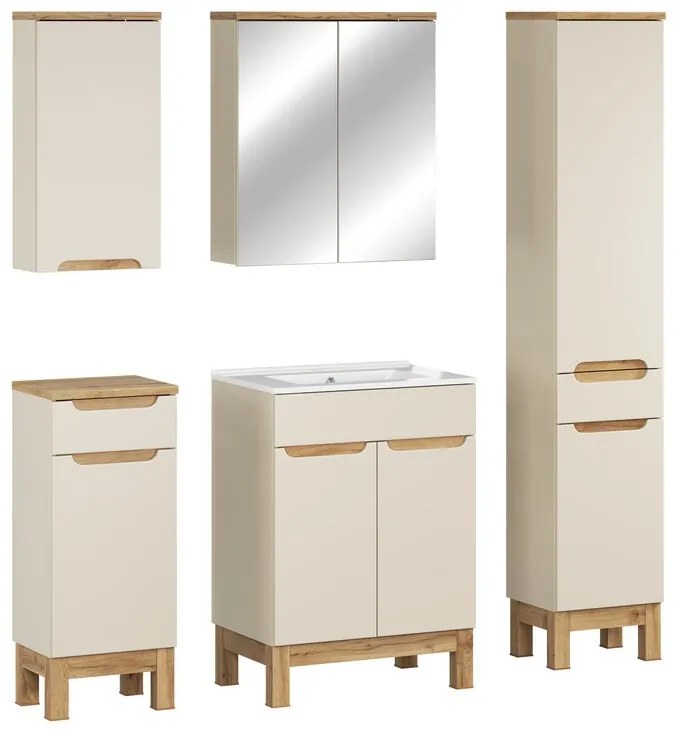 Koupelnová sestava Bali Lava se zápustným umyvadlem, skříňkami a zrcadlem 60 cm kašmírová/dub wotan