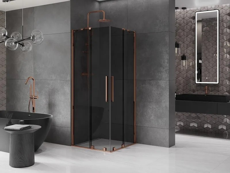 Mexen Velar Duo, sprchový kút s posuvnými dverami 90 x 90 cm, 8mm šedé sklo, ružové zlato, 871-090-090-42-60
