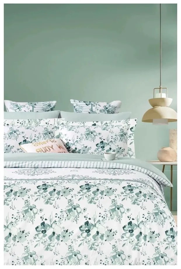 Bielo-zelené predĺžené obliečky na dvojlôžko z bavlny Renforcé s plachtou/4-dielne 200x220 cm – Mila Home