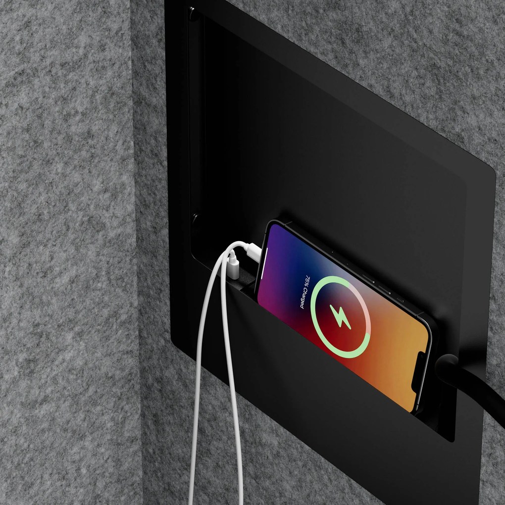Kancelárska akustická kabína so sedadlom a portom USB-C, telo v čierny / sedák sivá v zelenej farbe, 1150 mm: SALLY MentalBox