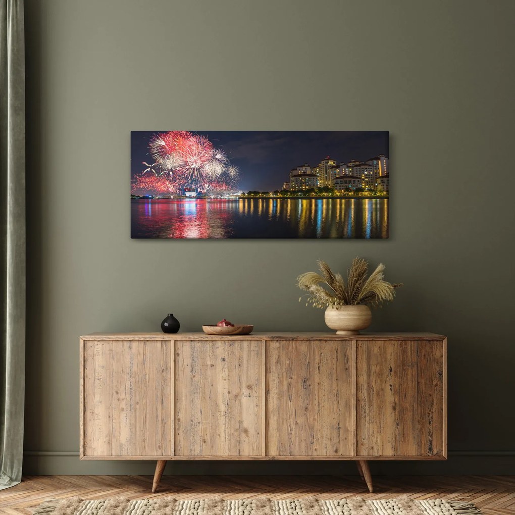 Obraz ohňostroja v Singapure (120x50 cm)
