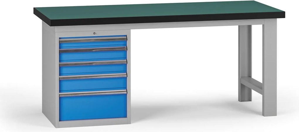 Pracovný stôl do dielne G8, 1800 x 750 x 800 mm, 1x kontejner, 5 zásuviek, modrá