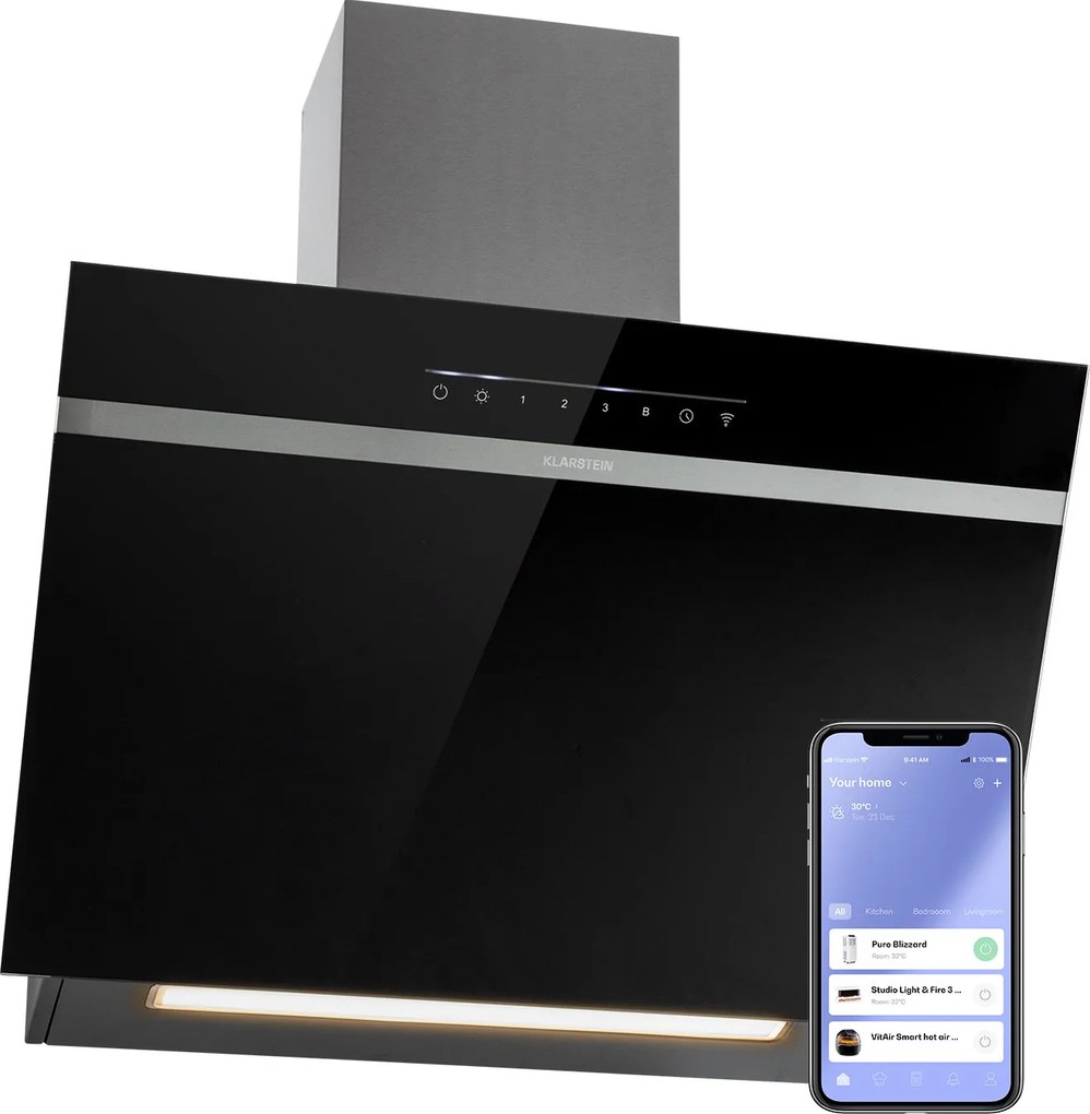 Klarstein Ava 60 Smart, digestor, 60cm, nástenný, WiFi, A++, 585 m³/h, dotykový displej