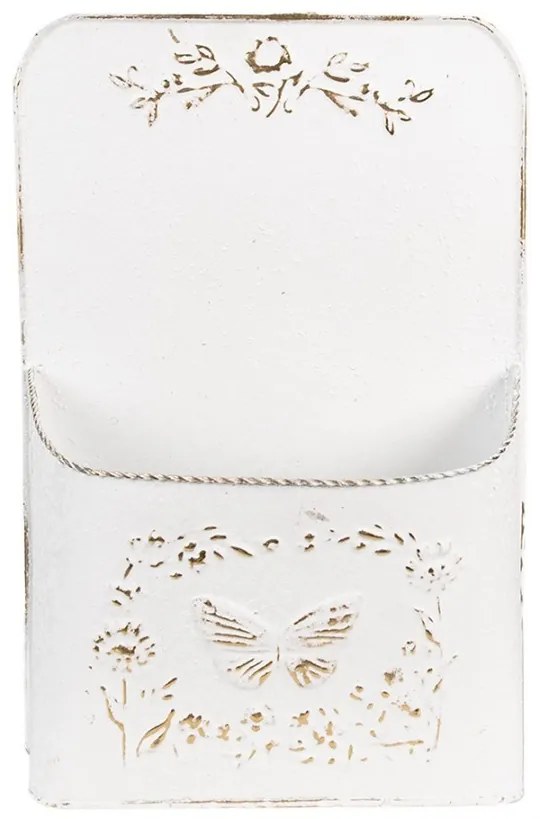 Biely antik plechový nástenný držiak na kvety s motýlikom - 27*9*41 cm