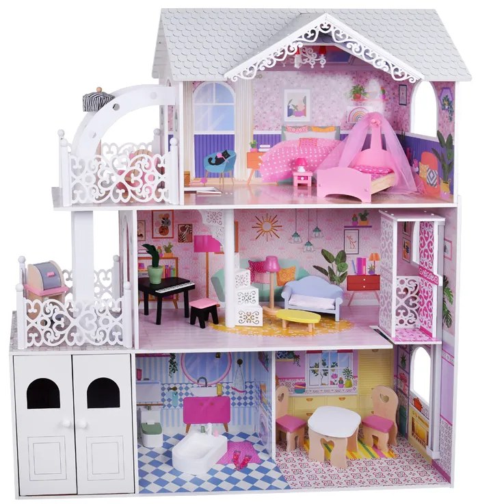 Veľký drevený domček pre bábiky s výťahom, garážou, balkónom a nábytkom – ZA5388