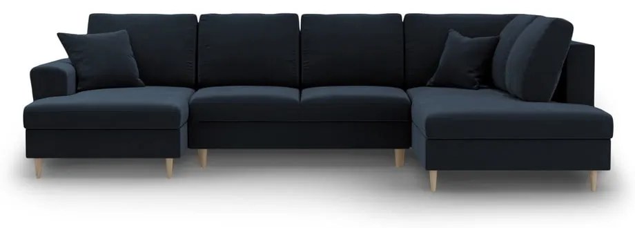 Tmavomodrá zamatová rozkladacia/s úložným priestorom rohová pohovka (pravý roh/do "U") Kyoto – Cosmopolitan Design