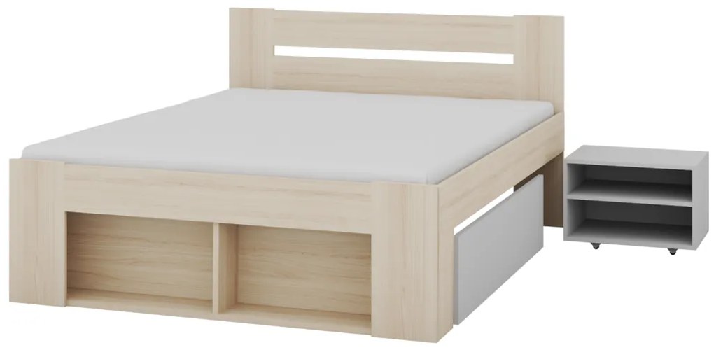 Dvoulůžková postel Ryga 09 160x200 s nočními stolky a zásuvkami dub Riva/šedá