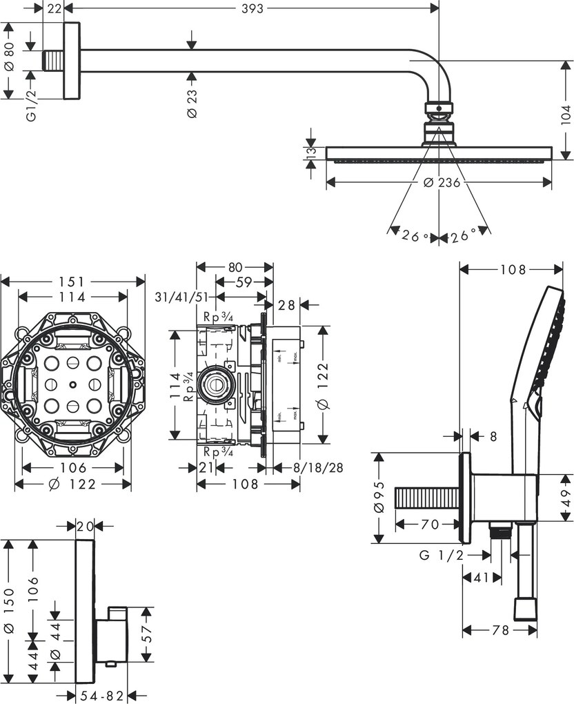 Hansgrohe Raindance S, sprchový systém 240 1jet PowderRain s termostatom ShowerSelect S, chrómová, HAN-27951000