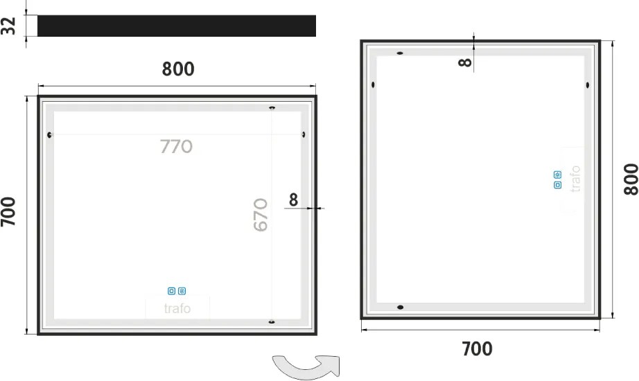 Nimco Čierne LED zrkadlo 800x700 s dvoma dotykovými senzormi - ZPC 13003VX-90