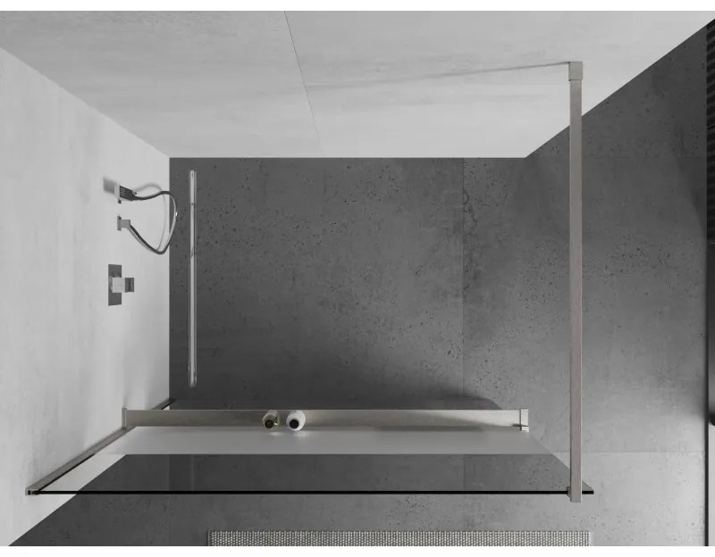 Mexen Kioto+, sprchová zástena Walk-In s poličkou a vešiakom 100 x 200 cm, 8mm číre sklo-námraza, brúsená oceľ profil, 800-100-121-97-35