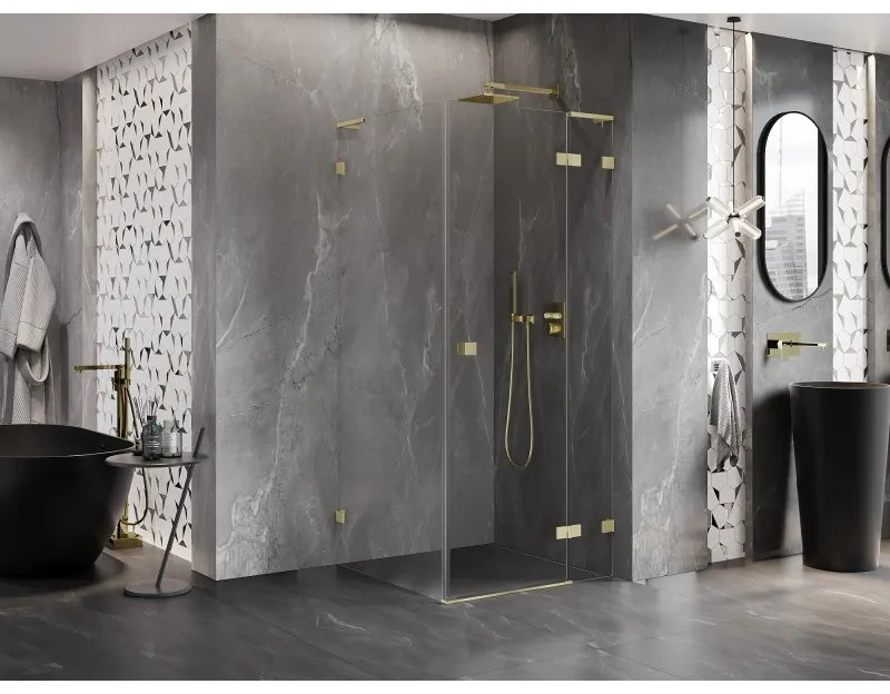 Mexen Lunar, L výklopný sprchový kút pravý 80 x 80 cm, 8mm číre sklo, zlatý kartáčovaný - 834L-080-080-55-00-P