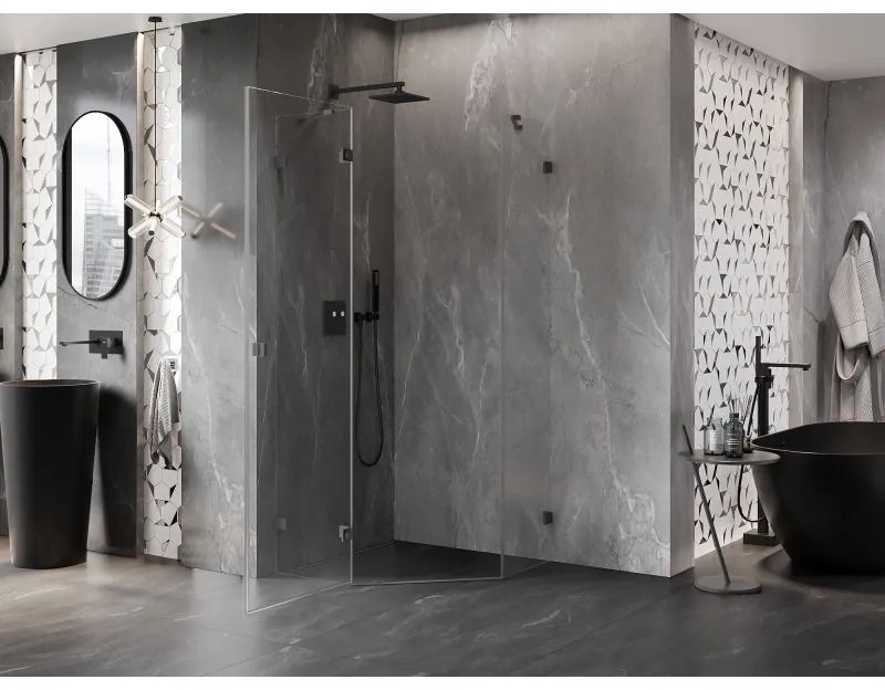 Mexen Lunar, päťuholníkový sprchový kút s výklopným ľavým oknom 80 x 80 cm, 8mm číre sklo, grafitový profil, 831-080L-080P-95-00-L