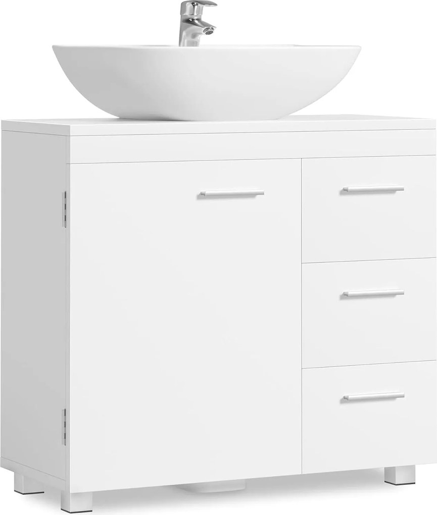 Kúpeľňová skrinka pod umývadlo, 3 zásuvky, 2 priehradky, 30 x 70 x 64 cm, oblá biela