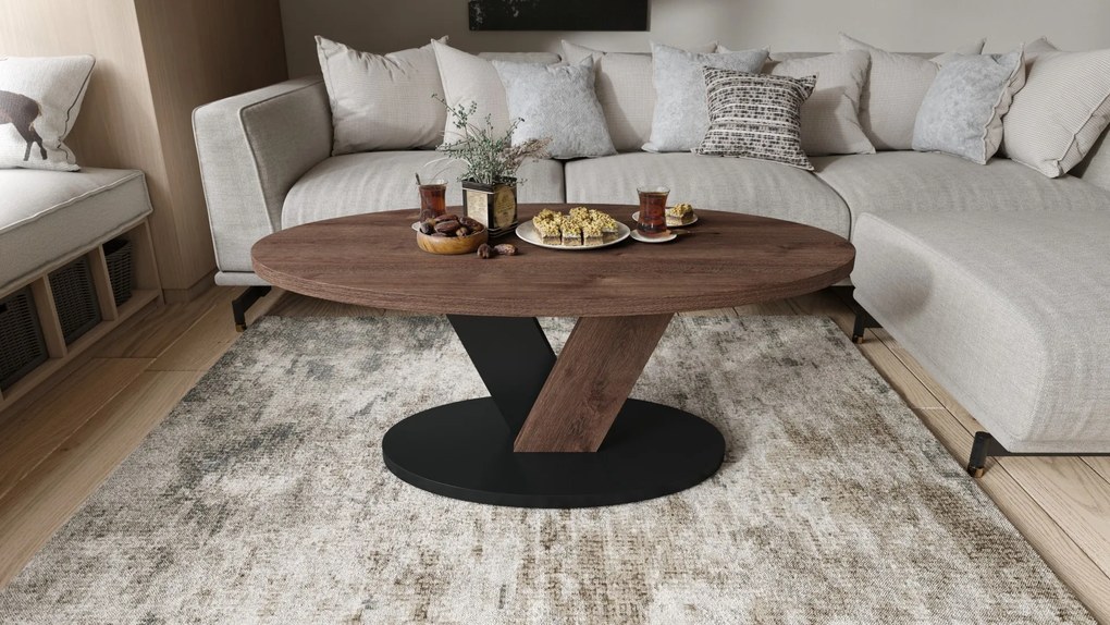 LOVA Hnedý dub/Čierny - OVÁLNY KONFERENČNÝ STOLÍK 110 × 60 cm MODERNÝ KÁVOVÝ STOLÍK